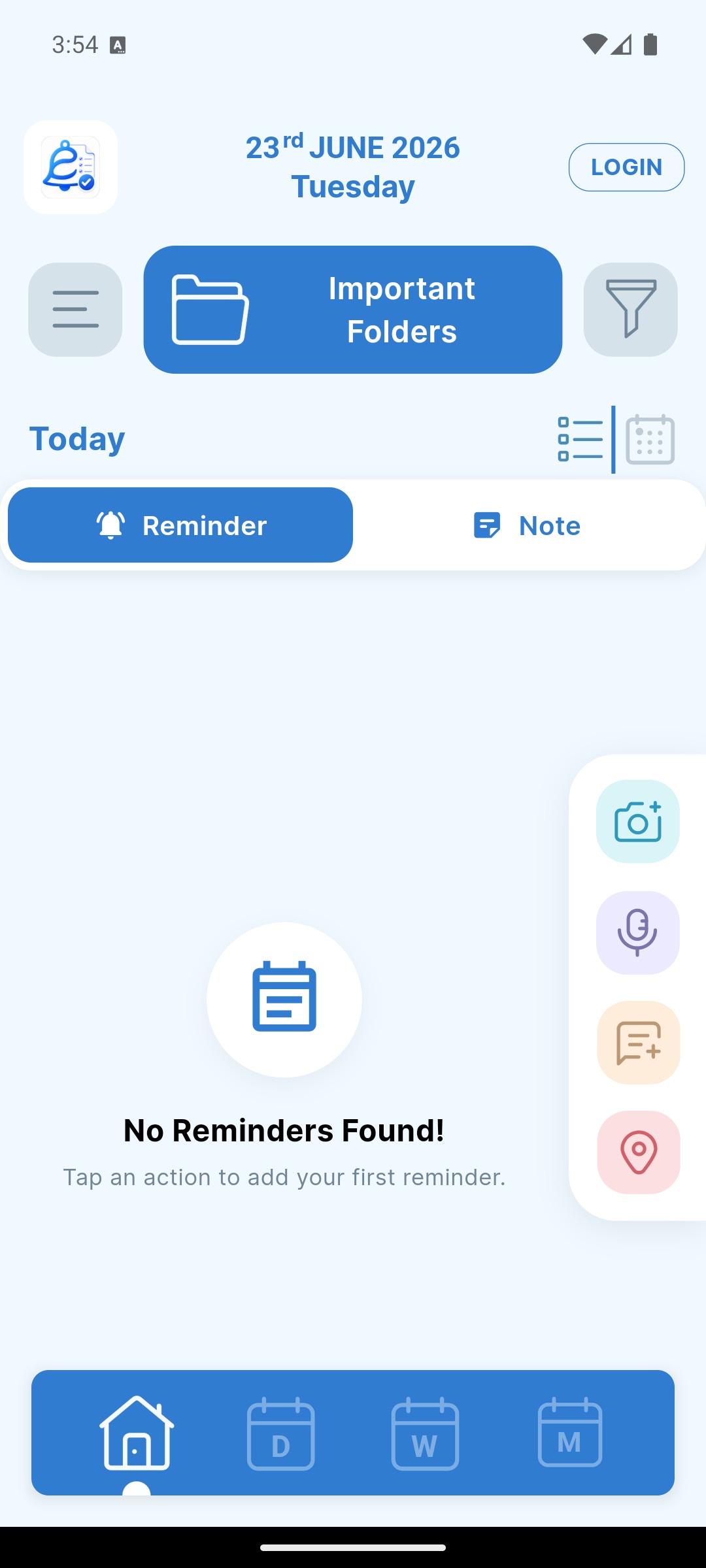 Eazy Reminder app — home screen showing reminders